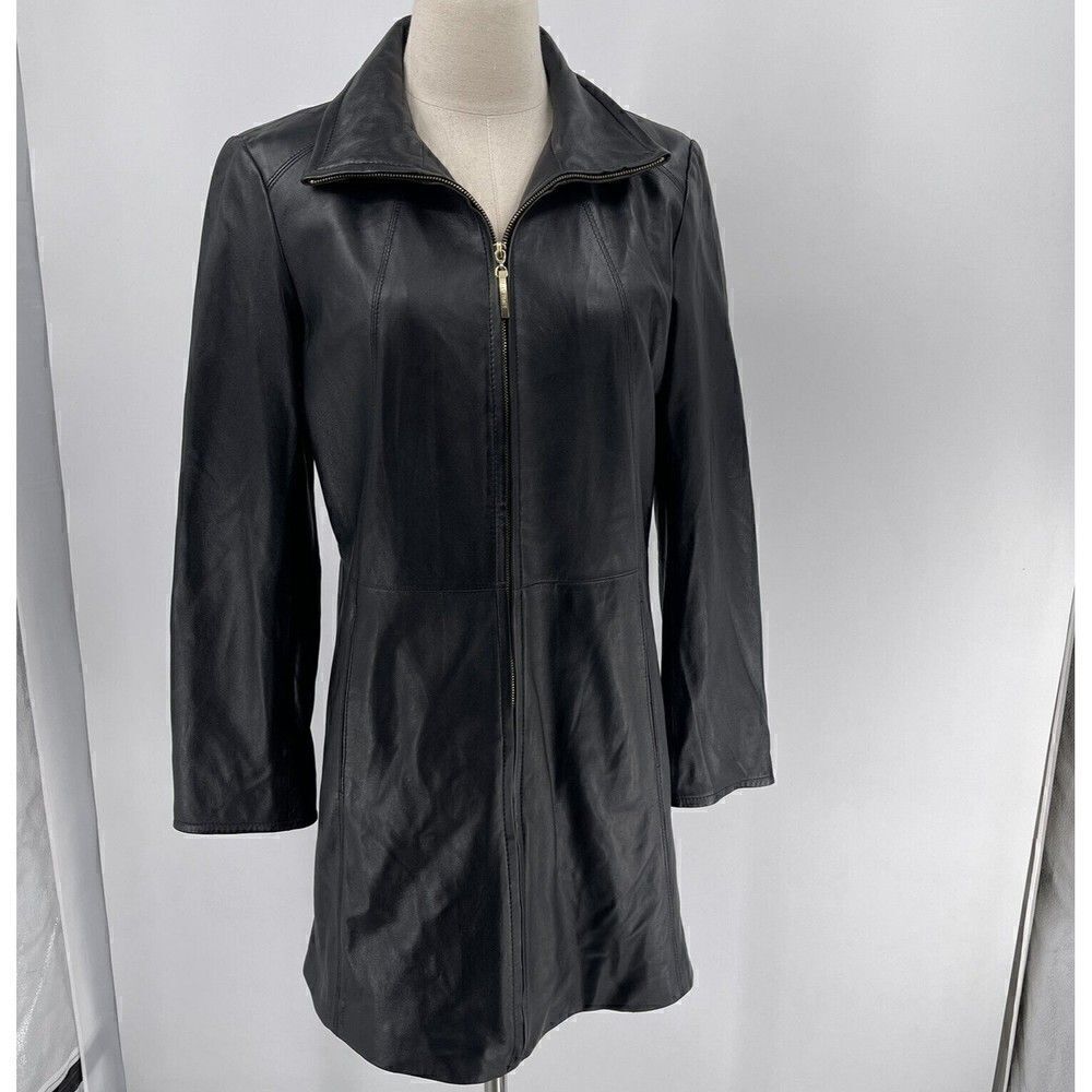 Ellen Tracy Women's Soft Black Leather Jacket Medium Long Full Zip